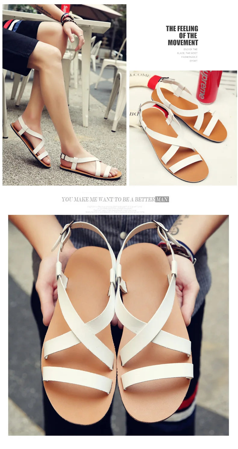 Mens Summer Breathable Leather Sandals Comfortable Roman Slippers for Outdoor Walking Casual Wear Non Slip