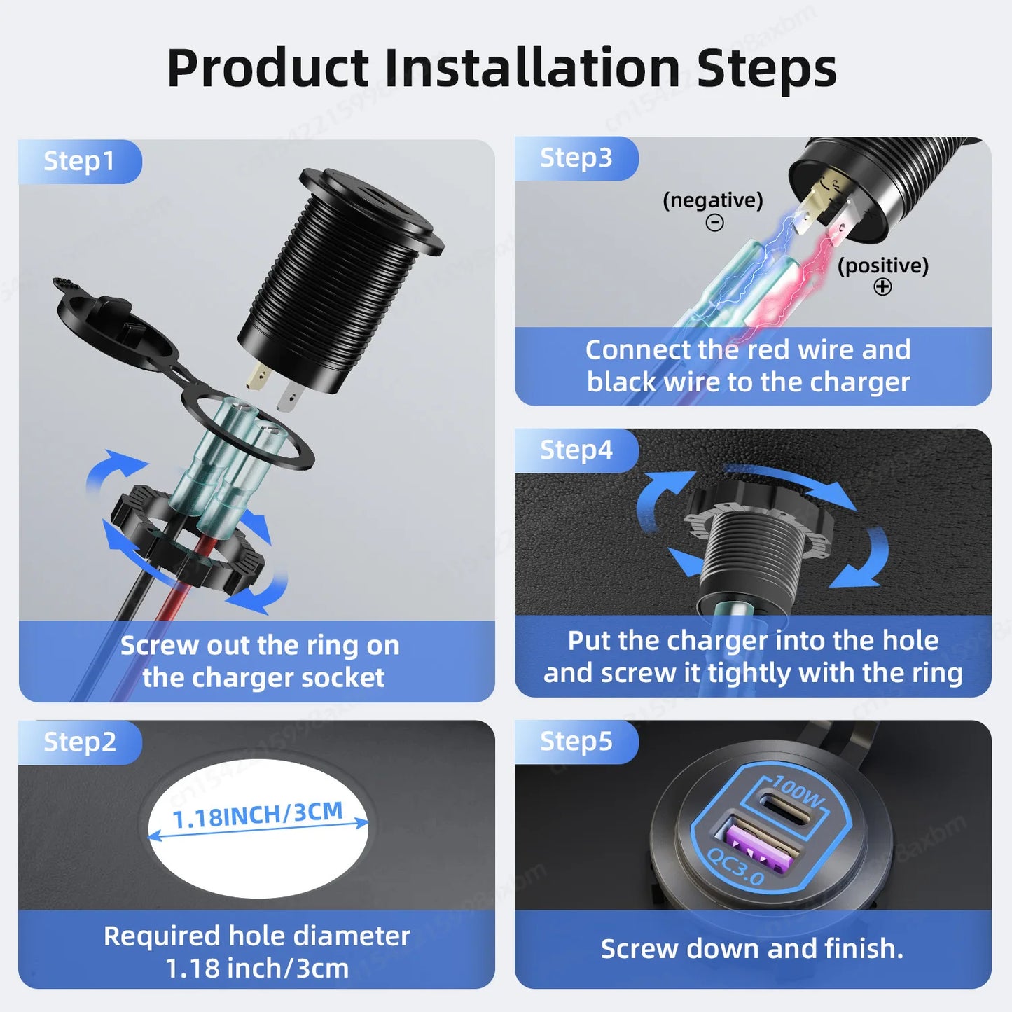 118W 12V USB Outlet Car Charger 100W PD3.0 & 18W QC3.0 Car USB Fast Charging Ports Aluminum Socket for Car RV Marine Golf Cart