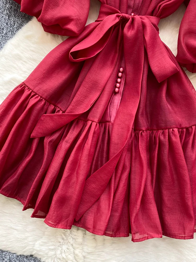 Summer Women's Puff Sleeve Shirt Dress Fashion Beach Vacation Party Birthday Blue White Exquisite Chiffon Mid Length Dress B06