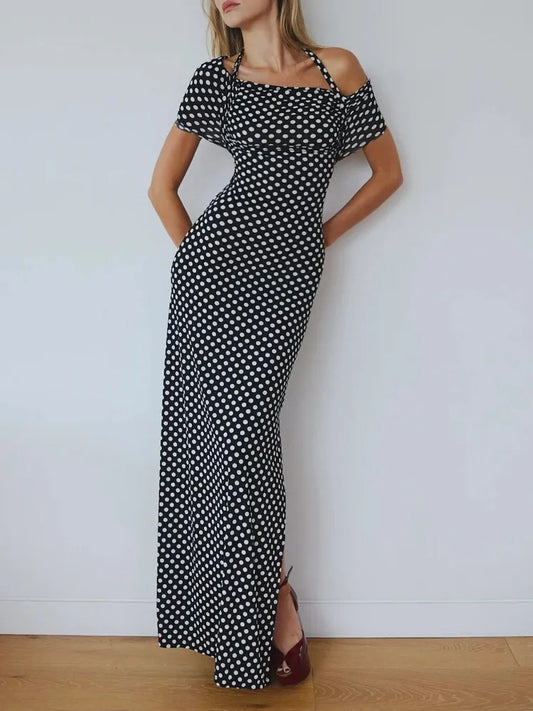 Mozision Off-shoulder Polka Dot Maxi Dress For Women Gown Fashion Halter Sleeveless Backless bodycon Split Long Dress Elegant