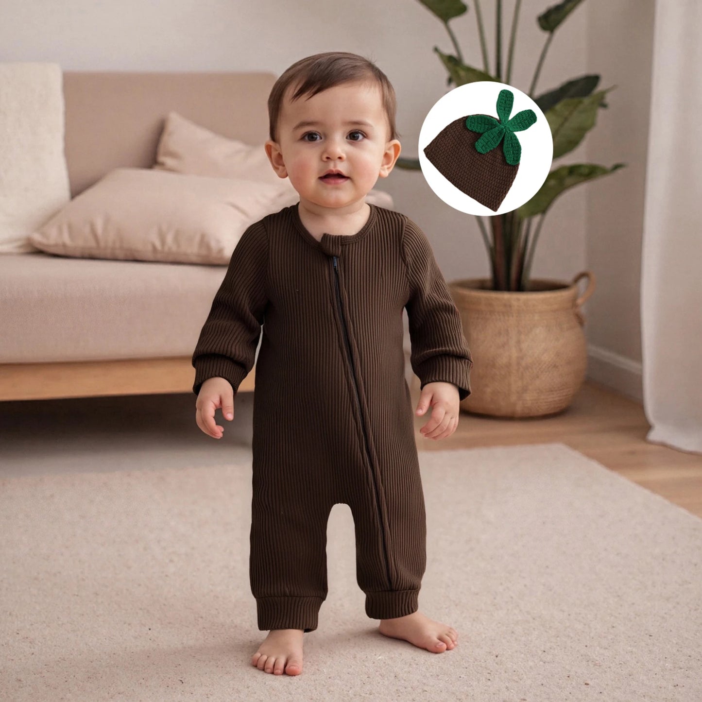 Infant Baby Boy Halloween Outfit Little Mandrake Jumpsuit Long Sleeve Ribbed Zipper Romper with Knit Hat Magic Baby Outfit