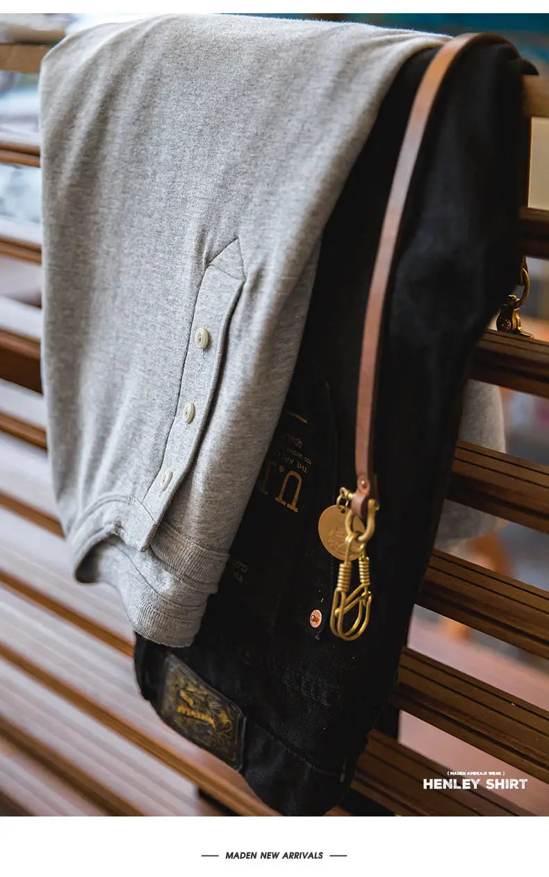 Vintage Daily Stand Neck T-shirt Men's Solid Patchwork Button Trendy Temperament Simple Cotton Long Sleeved Top JJ356