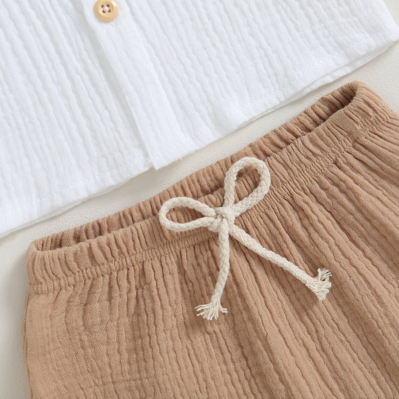 0-4Y Kids Boys Summer Fall Outfits Baby Solid Color Buttons Long Sleeve Shirts Tops + Elastic Waist Long Pants Boys Clothes Sets