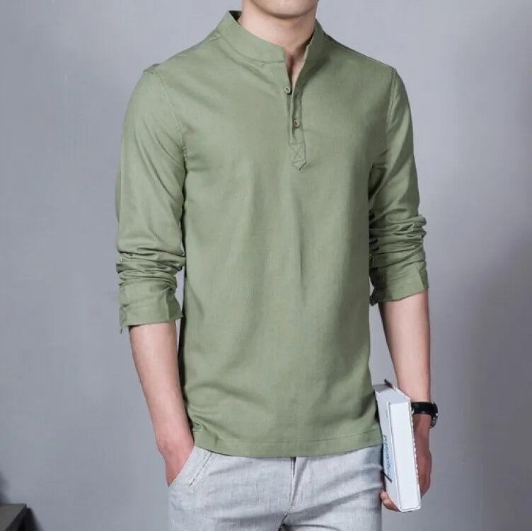 Men’s Solid-color Cotton Linen Shirt Long Sleeve Plus Size Casual
