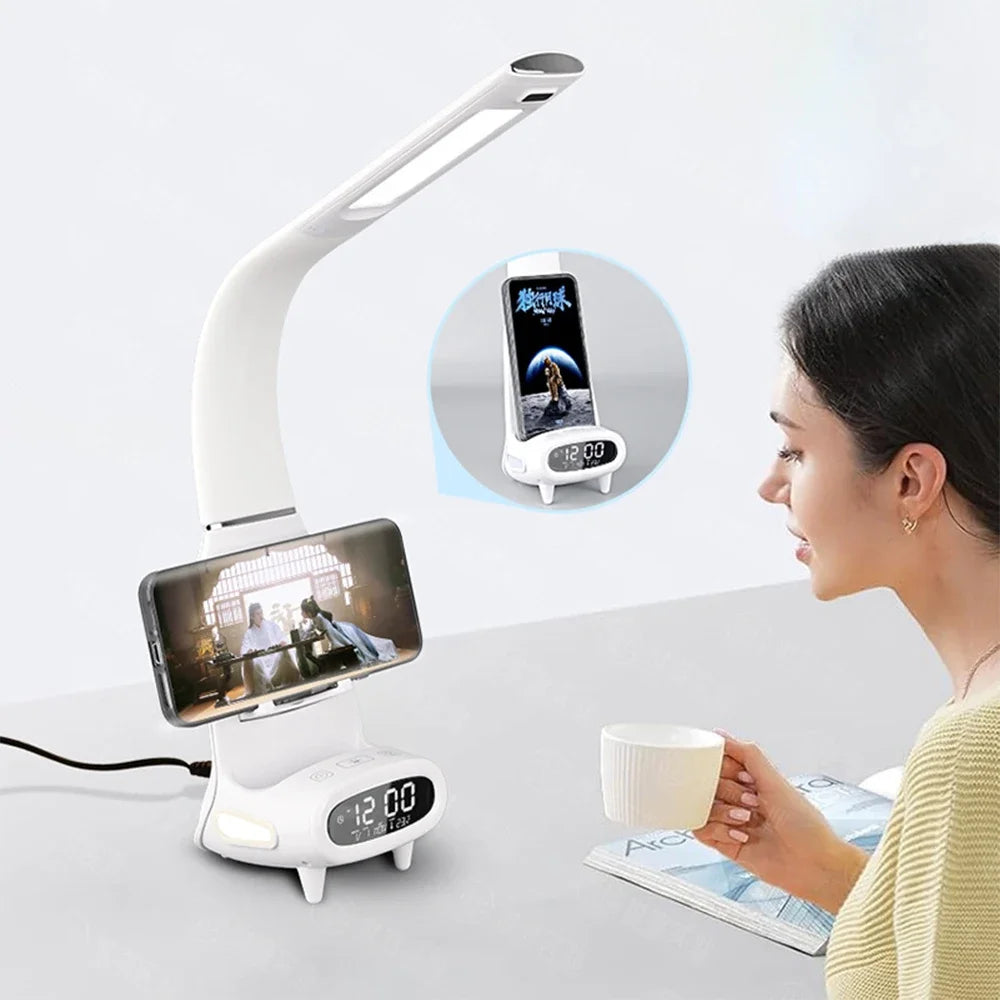 Multi-Function Eye-Protecting Reading Desk Lamp for Students 3000K-6000K Stepless Dimming 15W Wireless Fast Charging Study Light