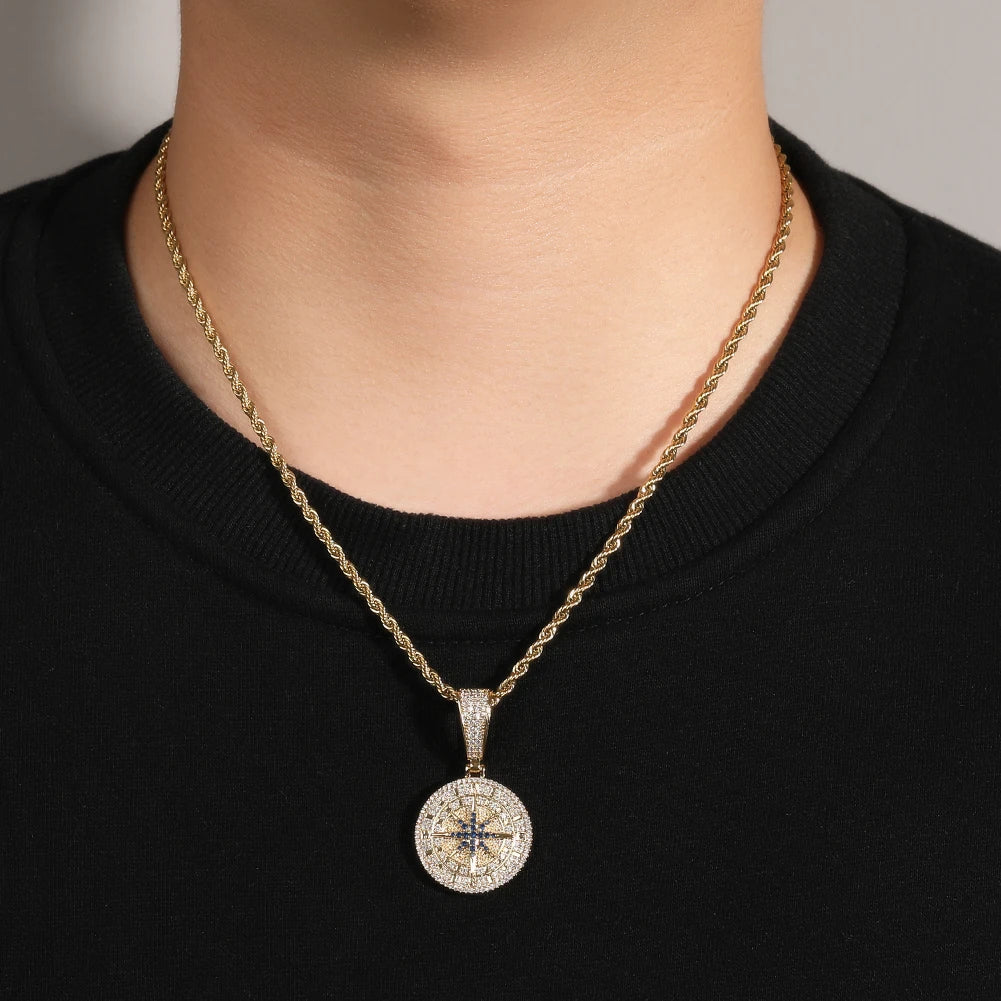 UWIN Compass Pendant Necklaces for Men Women Iced Out Black and White Cubic Zirconia Charms Fashion Jewelry for Gift