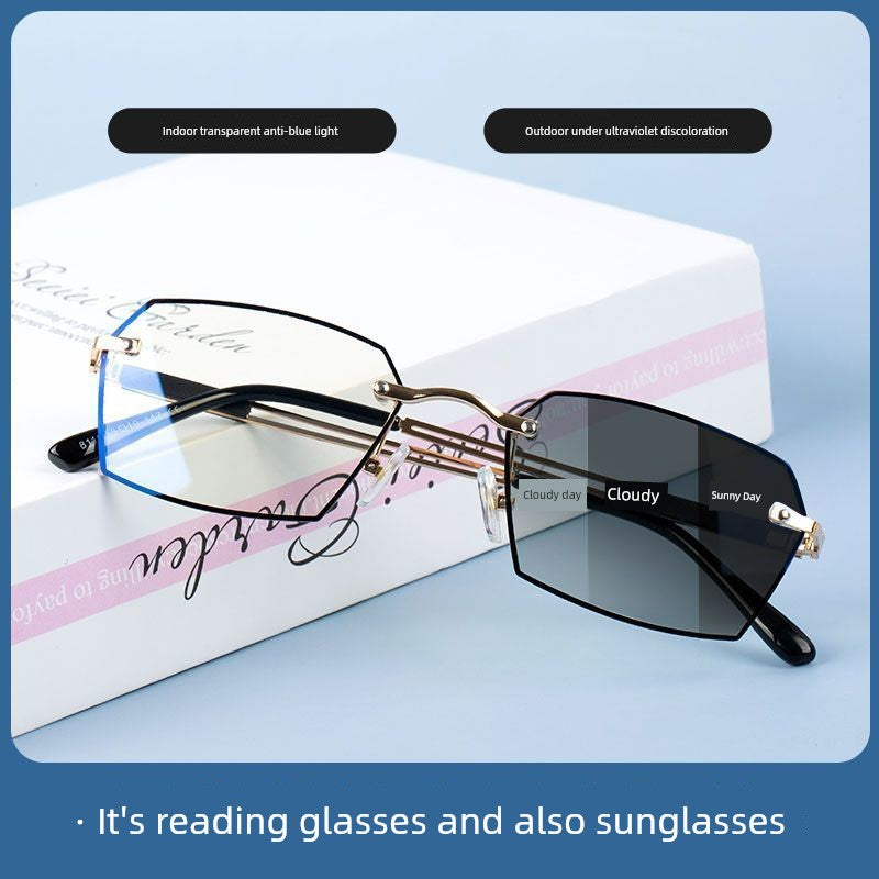 Frameless Business Color-Changing Reading Glasses Men Middle-Aged and Elderly HD Anti-Blue Ray Radiation Indoor and Outdoor Dual-Use Presbyopic Glasses