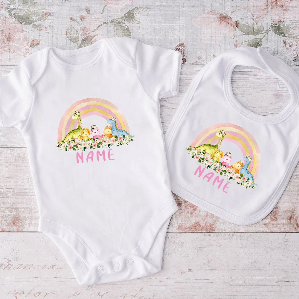 Personalized Matching Baby Bib & Romper Custom Name Animal Rainbow Printen Newborn Bibs Bodysuit Set Infant Shower Gift 2 Pcs