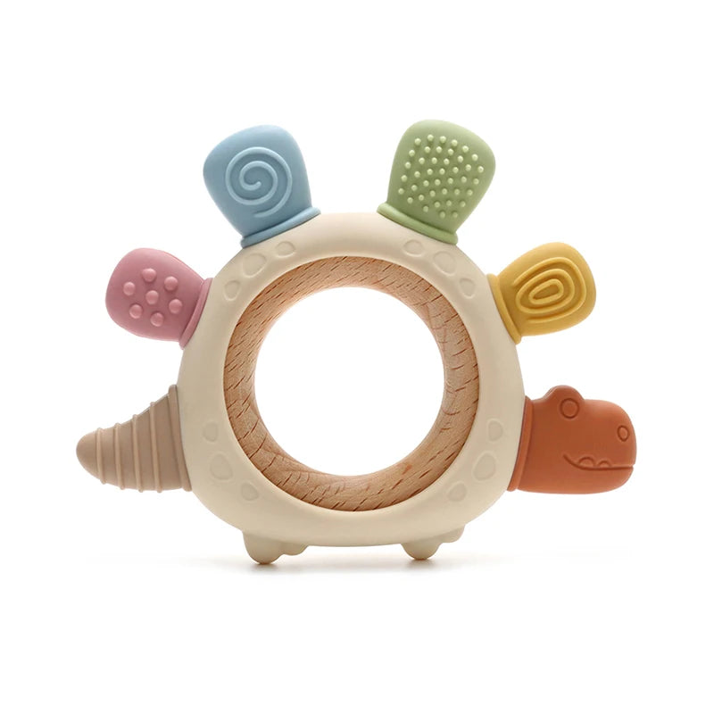 Cartoon Stegosaurus Baby Wooden Ring Silicone Teething Toys Easy to Grip Newborn Gift BPA Free Colorful Infant Chewing Molar Toy