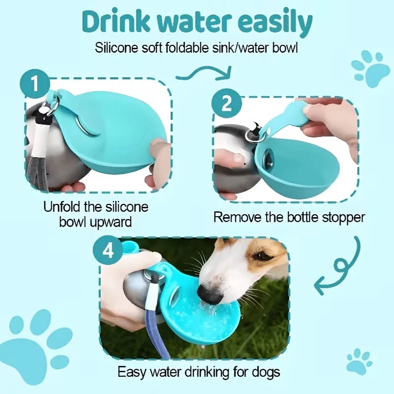 Portable spherical water bottle for pets; features a transparent, drop-resistant design with a lanyard; sealed and leak-proof.