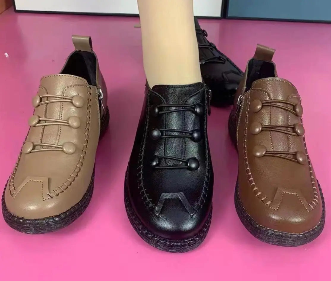 Womens Walking Shoe 2024 Red Spring Leather Shoes Mom Comfort Retro Stitching Flats Wedge Leather Sneakers