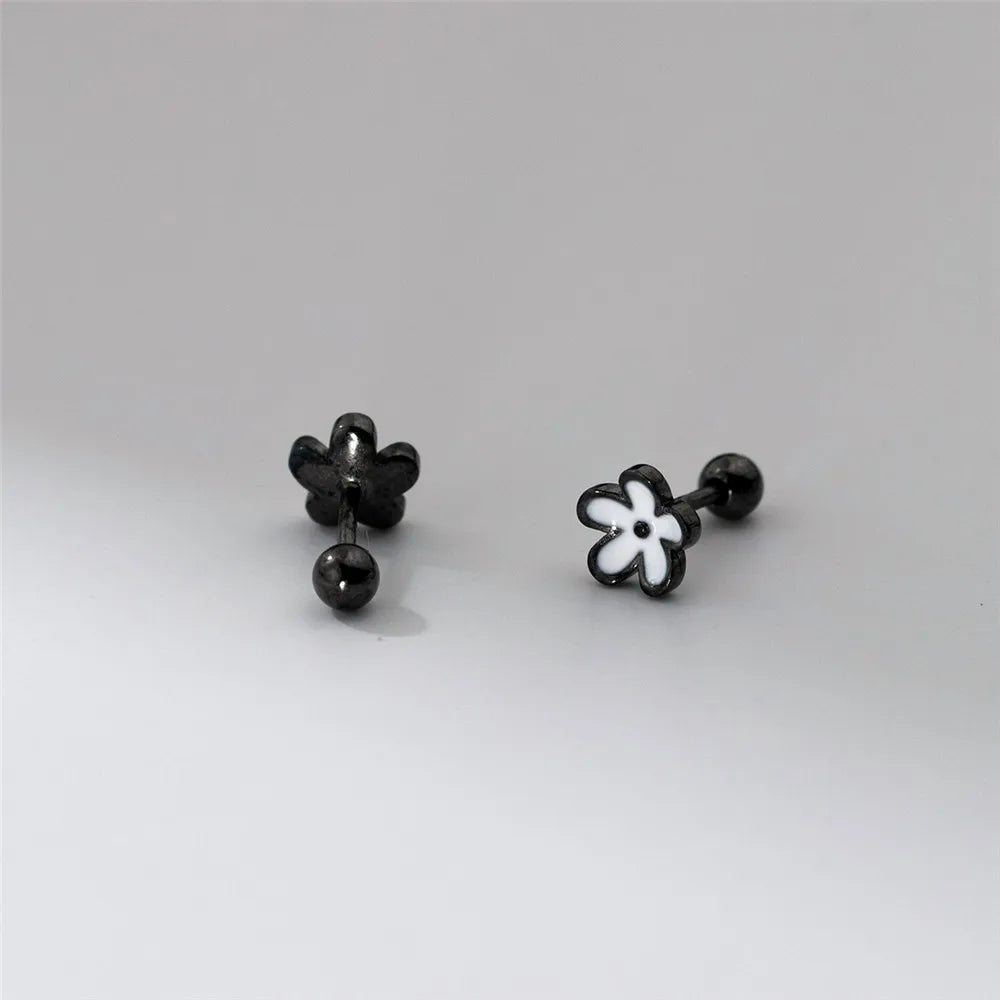 YIZIZAI Womens Earrings Silver 925 Enamel Black Flower  Ear Piercing For Women Screw Silver Stud Earrings