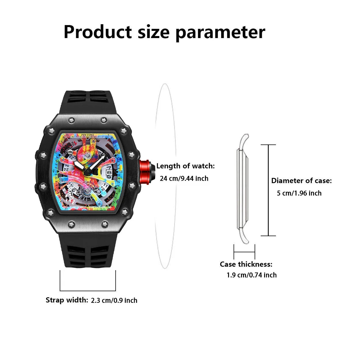 High-end Colored Hip Hop Dial  PINTIME Watch for Men Silicone Strap Stainless Steel Case Fashion Waterproof Quartz Wristwatch