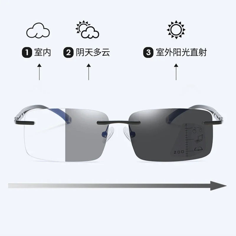 Rimless Photochromism Progressive Multifocal Reading Glasses Men Business Presbyopic Glasses Blue Light Computer Grade Glasses