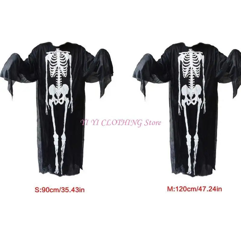 Halloween Skull Skeleton Cosplay Costume Scary Ghost Robe with Front Bone Print for Children Adult Carnival Party Cloak