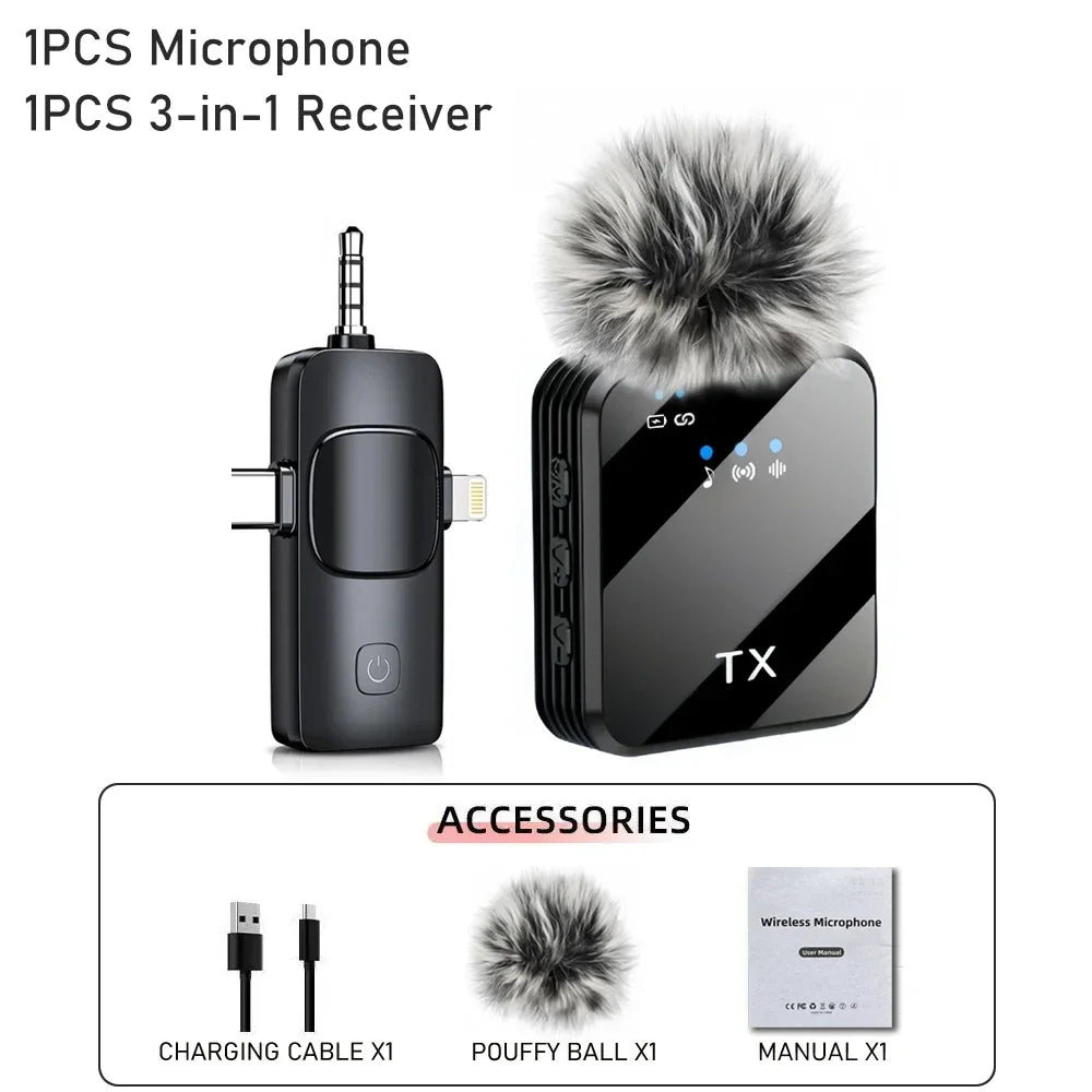 3in1microphone for IOS/Android Wireless Lavalier Microphone Video Recording Noise Reduction Live Streaming Clip-on Microphone