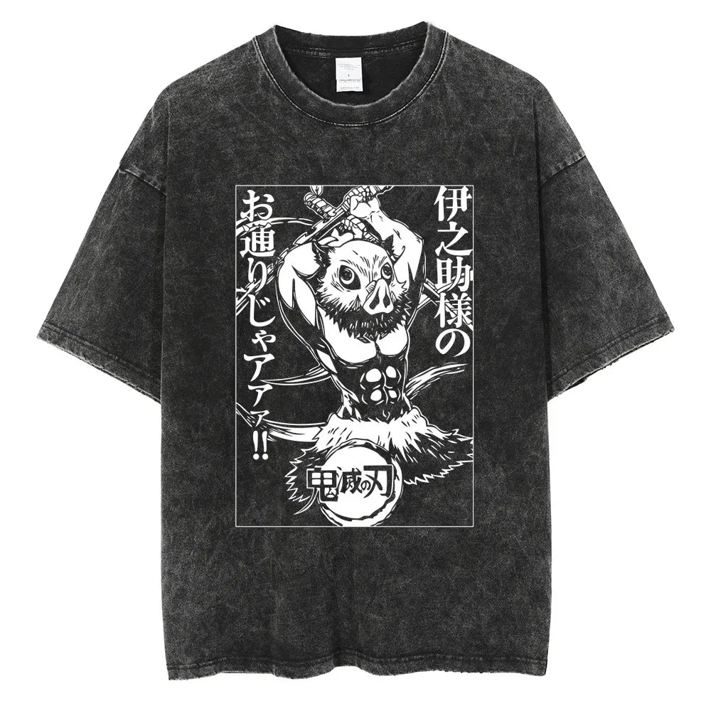 Hot Anime Demon Slayer Kokushibo Graphic T-Shirt Men Women Manga Tshirts Washed Cotton T Shirt Harajuku Unisex Vintage Top Tees