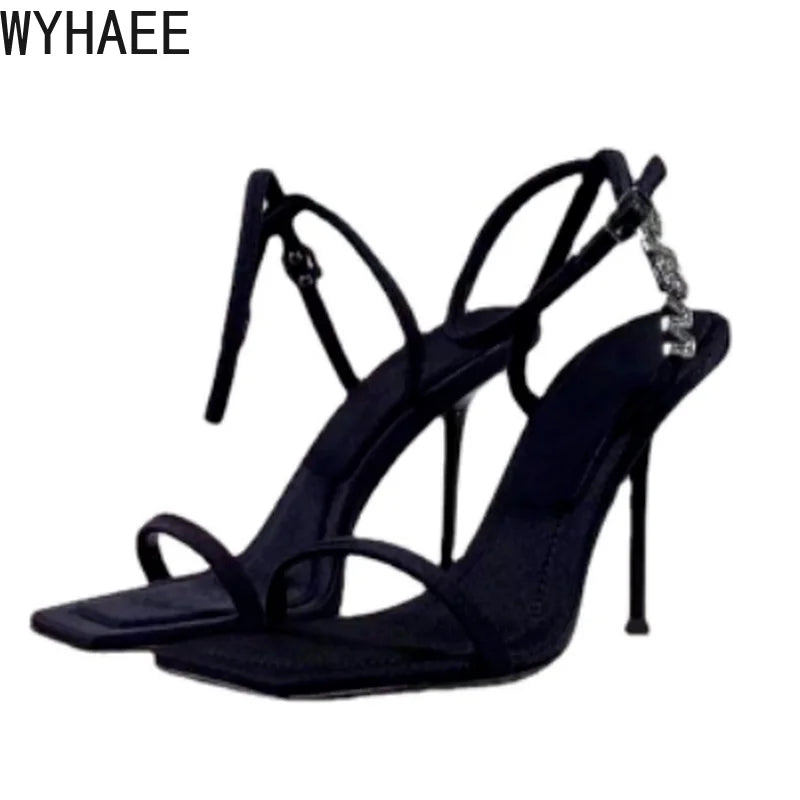 2022 New Square Toe Women Sandals Crystal Letters Decor Women Pumps Sexy High Heels Silk Wedding Dress Shoes Gladiator Sandal