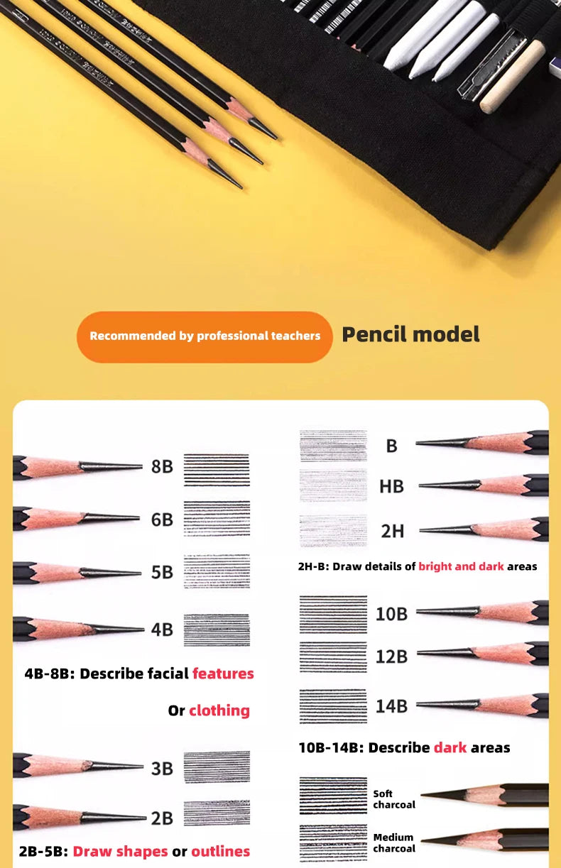 Sketching Pen Set Drawing Kit Student Portable Pen Curtain Charcoal Pencil Sketch Pencil Charcoal Stick Sharpener Eraser Set Box