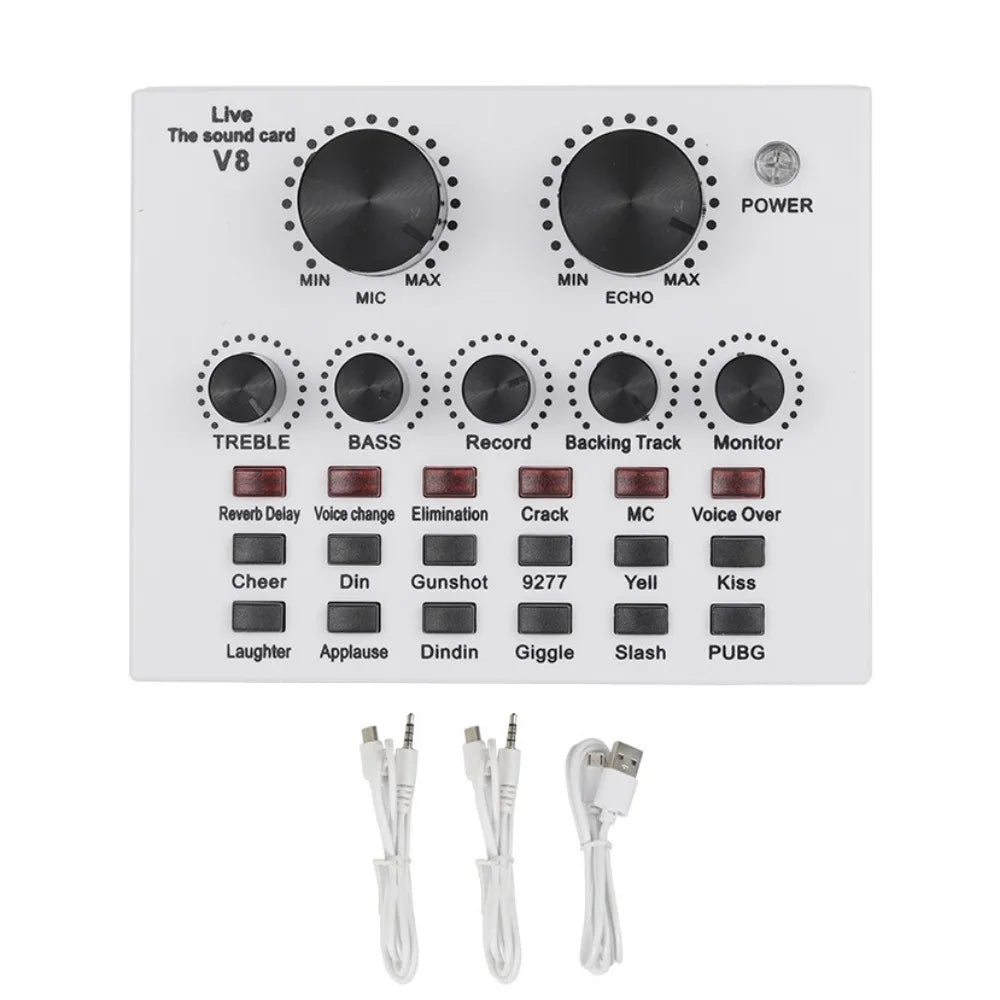 Audio Mixer V8 Sound Card Karaoke Recording Studio Record Mic Sound Card Black White External Sound Card Mobile Record