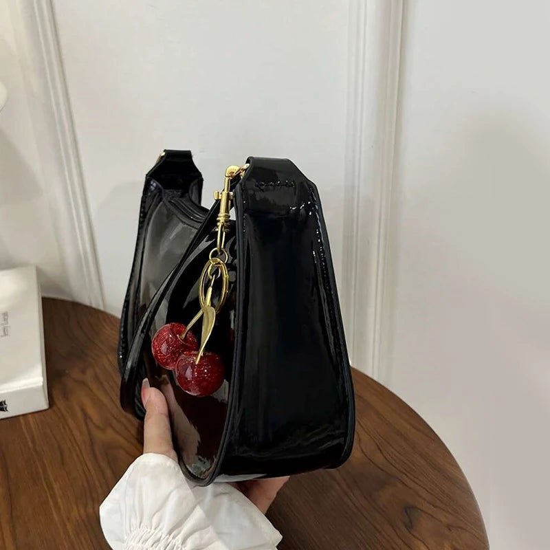 Vintage Retro Shoulder Bag for Women PU Leather Underarm Crossbody Ladies Casual Handbag Purse with Cherry Pendant