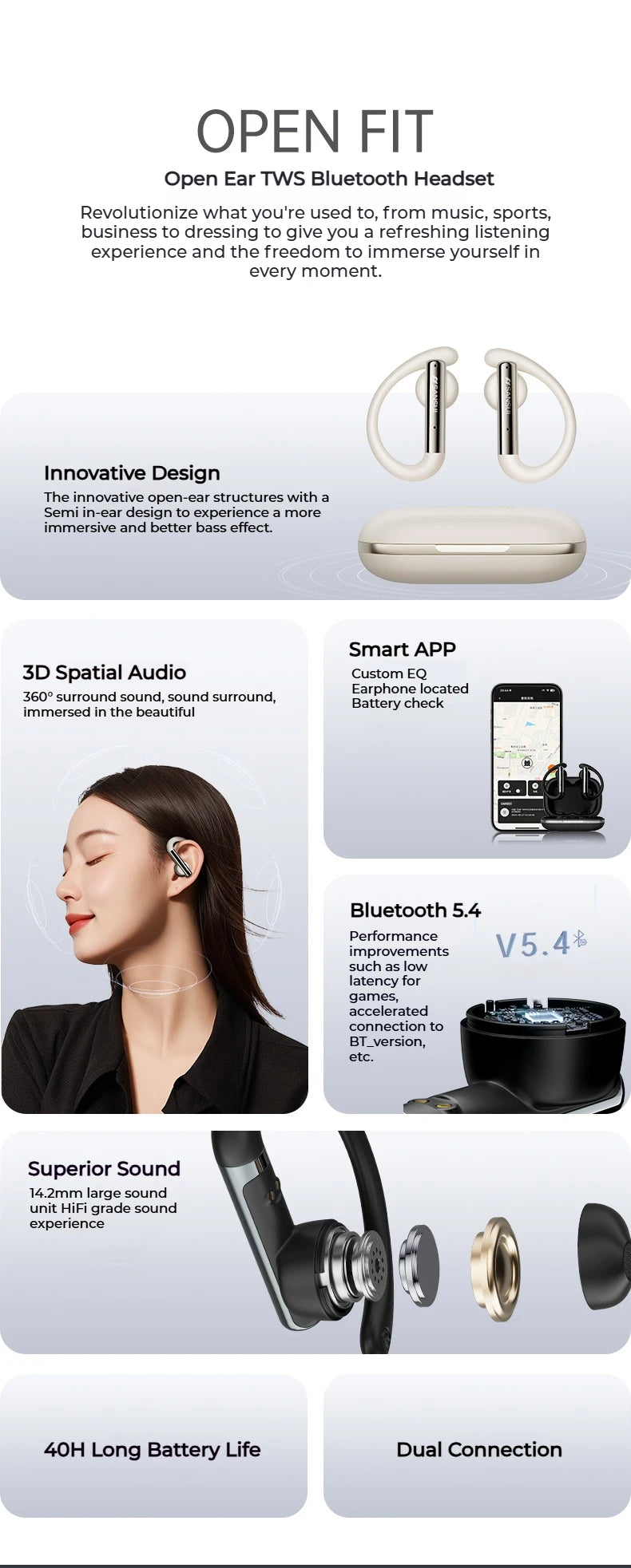 Sansui W33 Spatial Audio Bluetooth 5.4 Earphones ENC Noise Canceling Bluetooth Headphone in-Ear OWS Wireless Sports Headsets