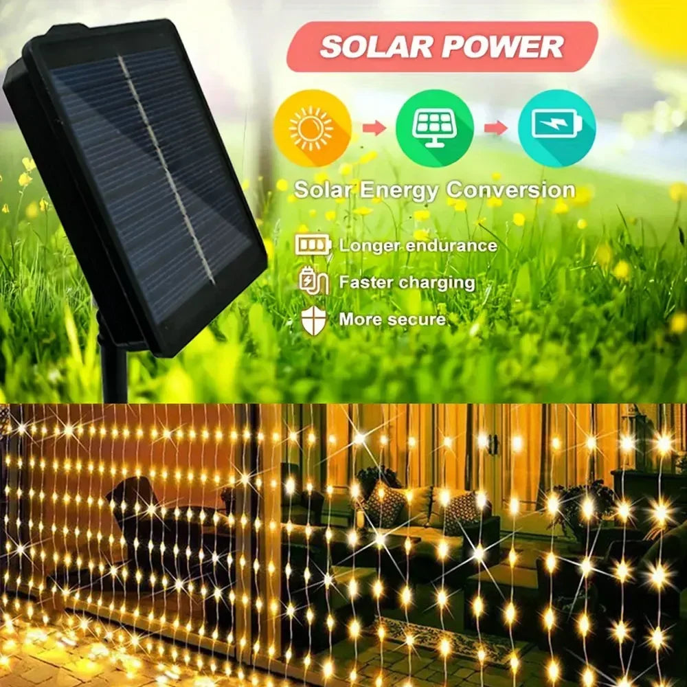 LED Solar Curtain Lights Outdoor Gardens Fairy Lamp Outside Courtyards Holiday Parties Christmas Decorations Copper Wire Lights