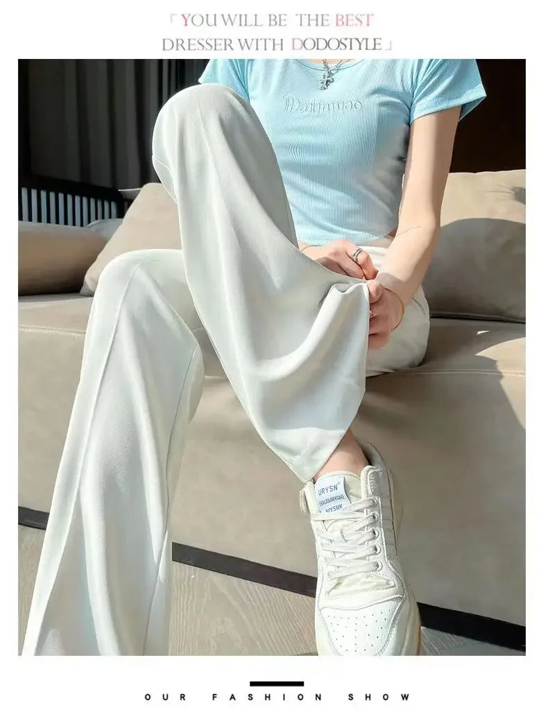 Solid Tailoring High Waist Female Pants Straight Leg Work Loose Clothes Baggy Office Trousers for Women Casual Original Nylon G
