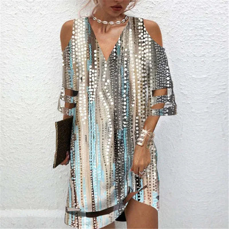 Women Sexy Off Shoulder Mesh Patchwork Elegant Party Dresses Summer Fashion Printed V Neck Half Sleeve Loose Midi Dress Vestidos