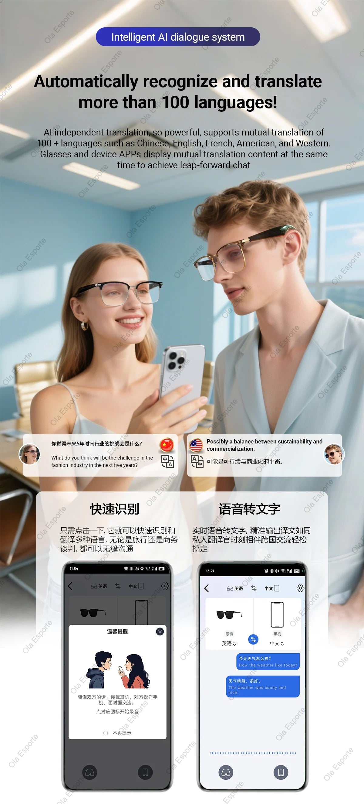 Smart Glasses AI Intelligent Translation Bluetooth Glasses Real-time Simultaneous Interpretation Headset Anti Blue Light 2025