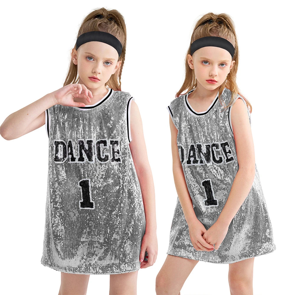 LOlanta Girls Hip Hop Dance Clothes Kids Jersey Sequin Dress Long Tank Top Jazz Cheerleading T-Shirt