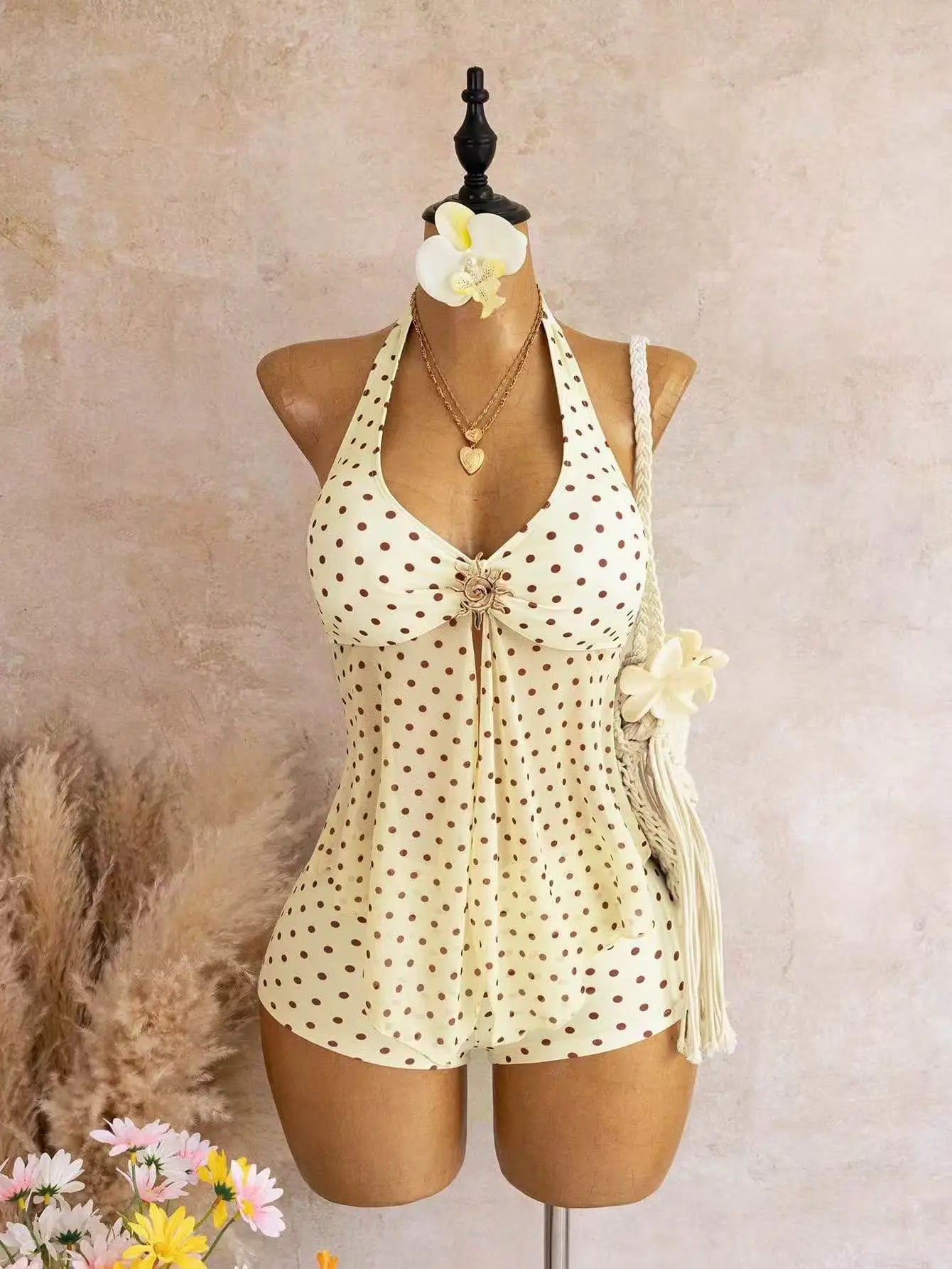 Beige Two Piece Bikini Set 2026 Women Metal Sun Ornament Mesh Tank Top High Waist Swimsuit Holiday Bathing Suit Swimwear