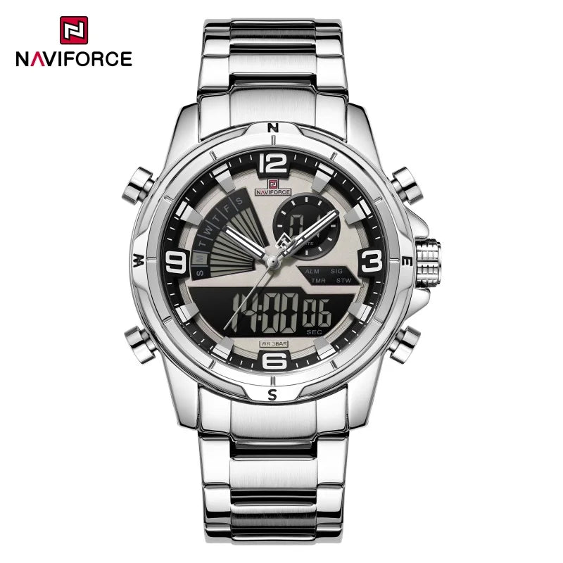 NAVIFORCE Men's Watch 3ATM Waterproof Multifunctional Dual Display with Date Stainless Steel Strap Luxury Business Wristatch