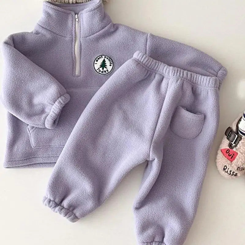 2025 Autumn Baby Boys Clothing Sets Children Thicken Plush Clothes Girls Solid Cotton High Collar Tops+ Pant 2 Pieces Suits