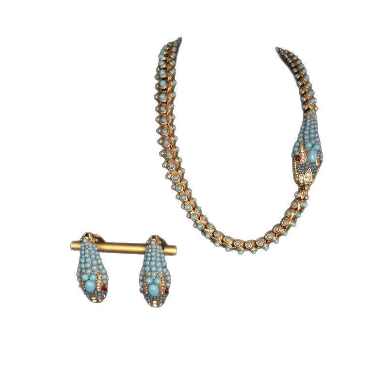 KEQIU Recycled aged gold snake-shaped necklace stud earring ancient-style , turquoise inlaid heavy industry jewelry