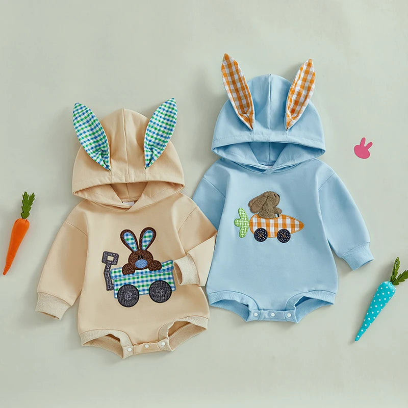 0-18M Newborn Baby Boys Easter Hooded Romper Long Sleeve Bunny Carrot Embrolidery Casual Jumpsuit