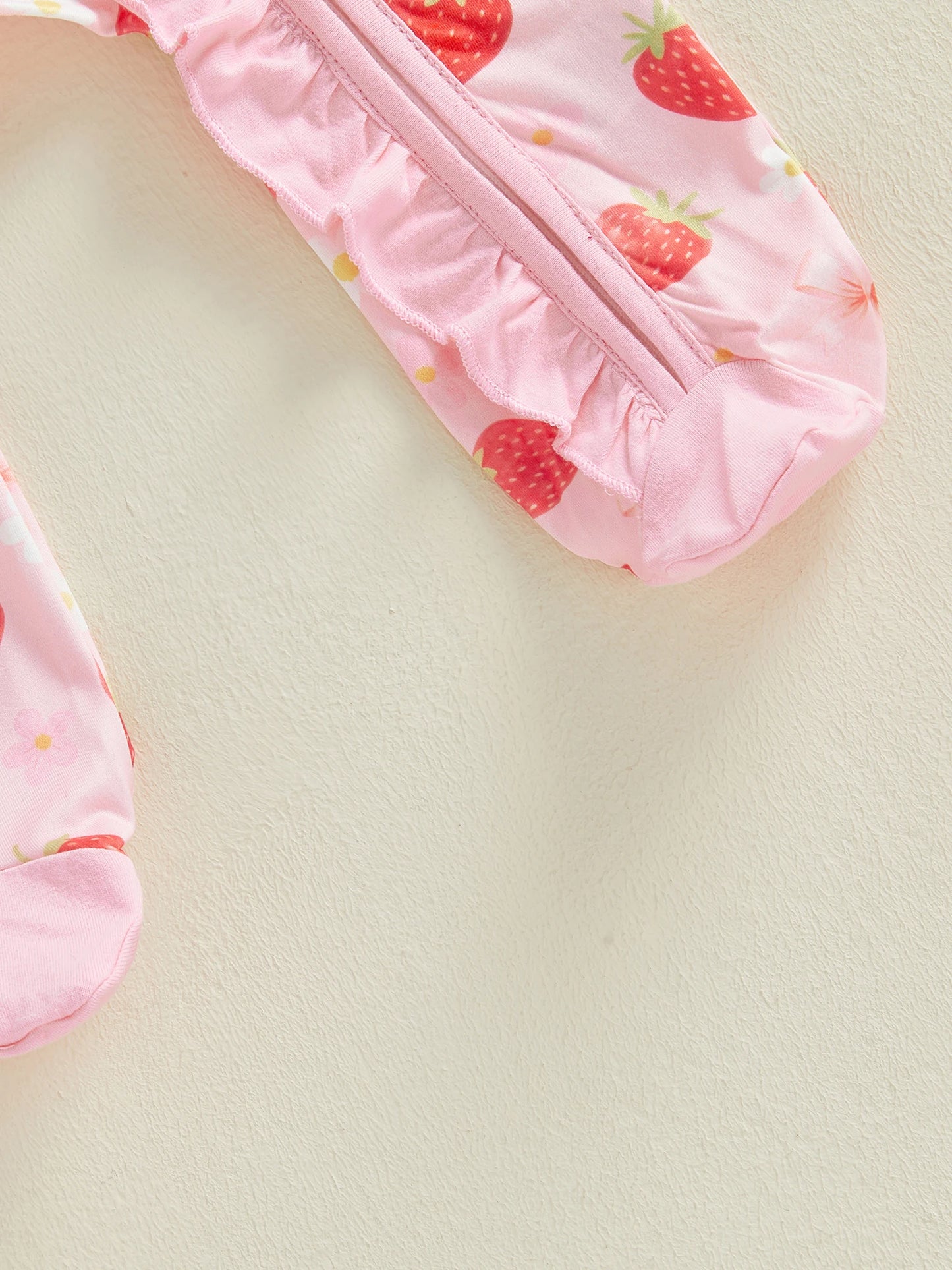 Newborn Baby Girl Footed Romper Strawberry Bow Print Long Sleeve Zip Up Round Neck Ruffled Jumpsuit with Headband