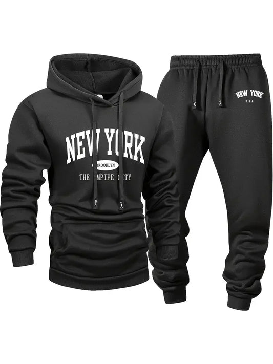 Men's sportswear set, fashionable street style city name printed sportswear for autumn and winter outdoor fitness and jogging ca