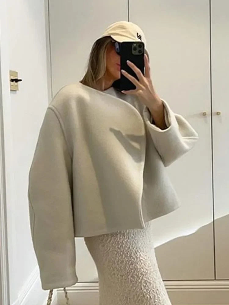 Women's Fashion Solid Thicken Cropped Jacket Top Long Sleeve Warm Autumn Winter Cardigan Female Casual Loose Woolen Streetwear