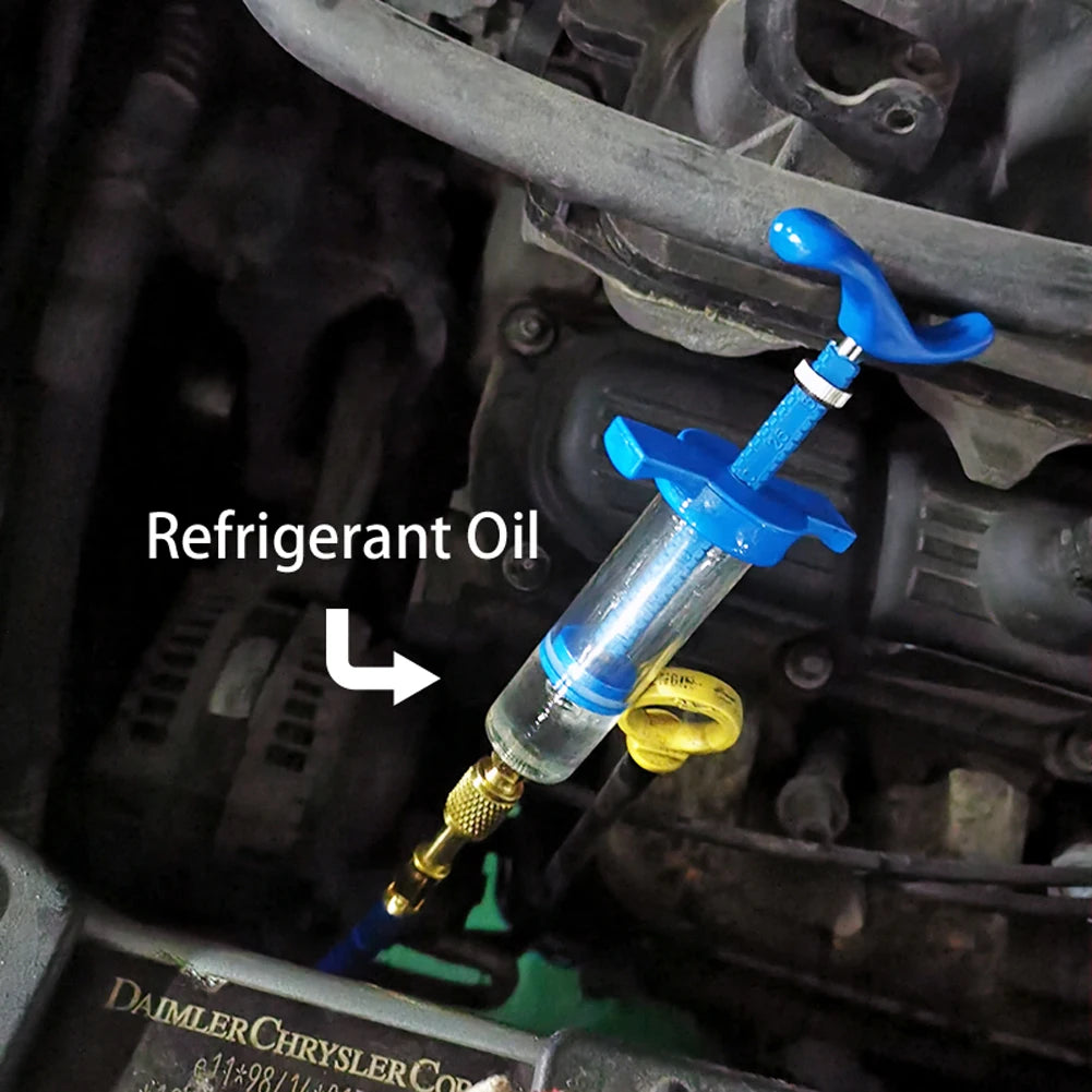 Car A/C Oil/Dye Injector 30Ml 1Oz with Low Side Quick Coupler Adapter 1/4 Air Conditioning Automotive Oiler Injection Syringe