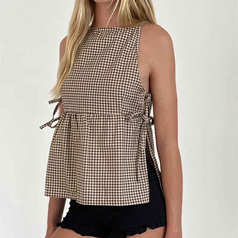 Cute Women Y2k Babydoll Tank Top Cute Tie Up Side Sleeveless Peplum Top Vintage Plaid Solid Cami Tank Top Coquette Streetwear
