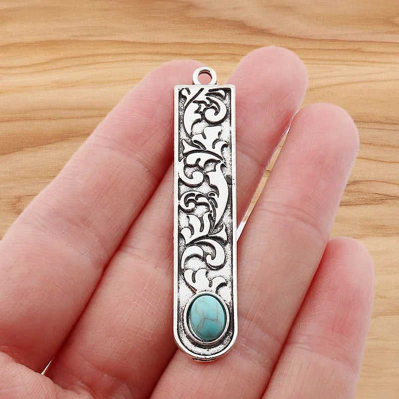 4 Pieces Tibetan Silver Color & Turquoise Crystal Hollow Charms Pendants For DIY Necklace Jewelry Making Accessories