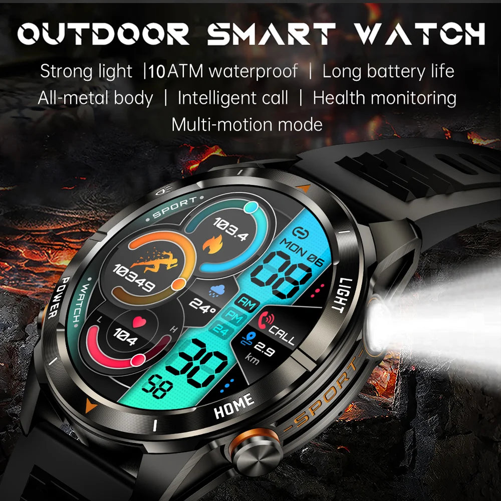 Military Smart Watch Men 10ATM Waterproof 1.46" AMOLED Screen LED Flashlight 515mAh Battery Heart Rate Sport BT Call Smartwatch