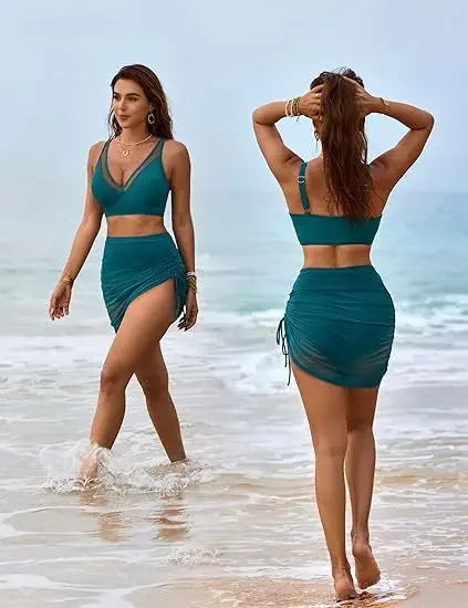 2025 New Fashion Sexy Pure Color Mesh Splice Drawstring Ladies Bikini Set Crossbody Swimwear Women's Split Design Swimsuit