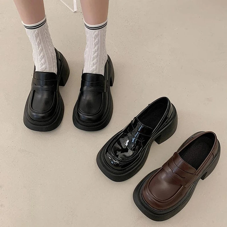 Ladies Pumps Evening Women's Shoes Luxury Leather Casual Cute Kawaii Platform Square Heels Round Toe Shoe Lastest High Quality E