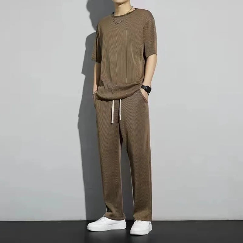 Men's Wrinkled Ice Silk Sports Set 2024 Summer New Short sleeved Long Pants Two piece Set Fashionable, Breathable, and Cool 3