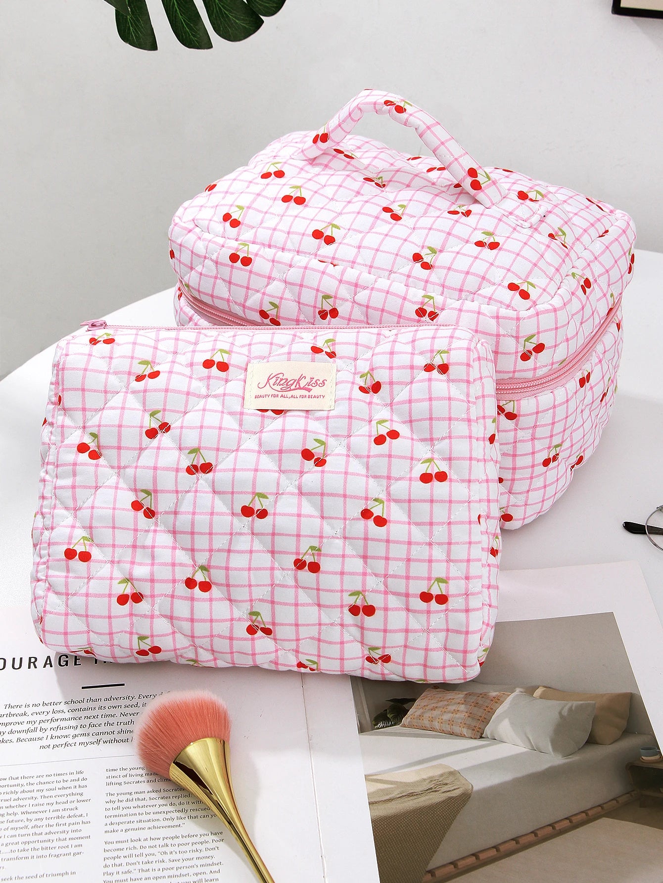 1pc/set Large Pink Cherry Quilted Makeup Bag, Cute Makeup Bag, Travel Makeup Bag, Makeup Storage Bag for Women Girls