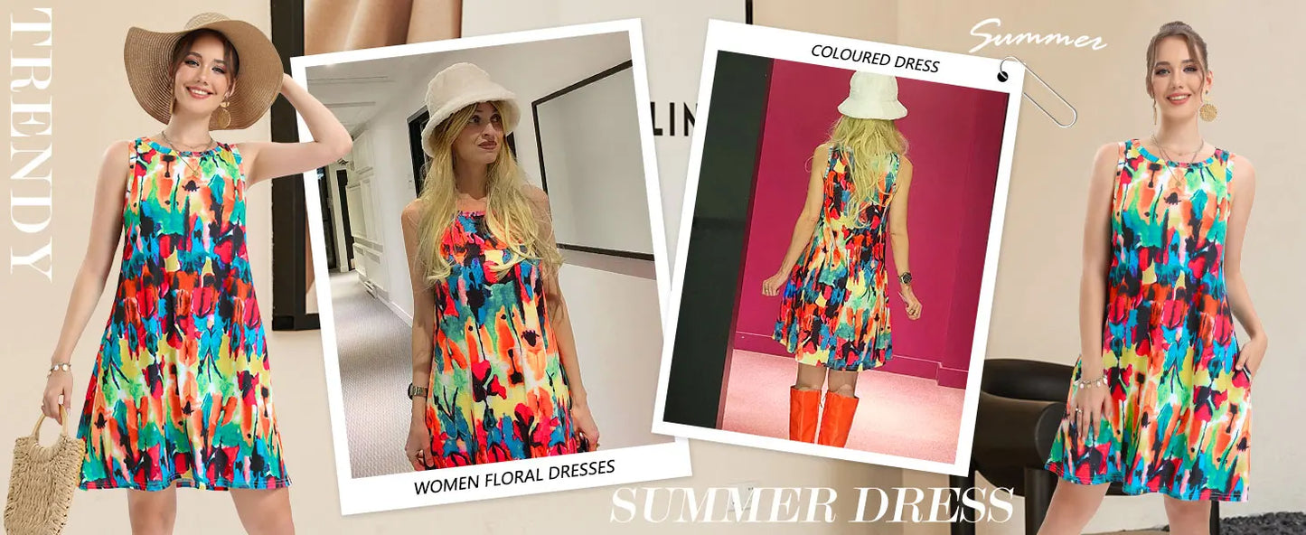 Summer New Women's Dresses Fashion Casual Sleeveless Dresses Floral Printed Round Neck Dresses Beach Vacation Women's Dresses