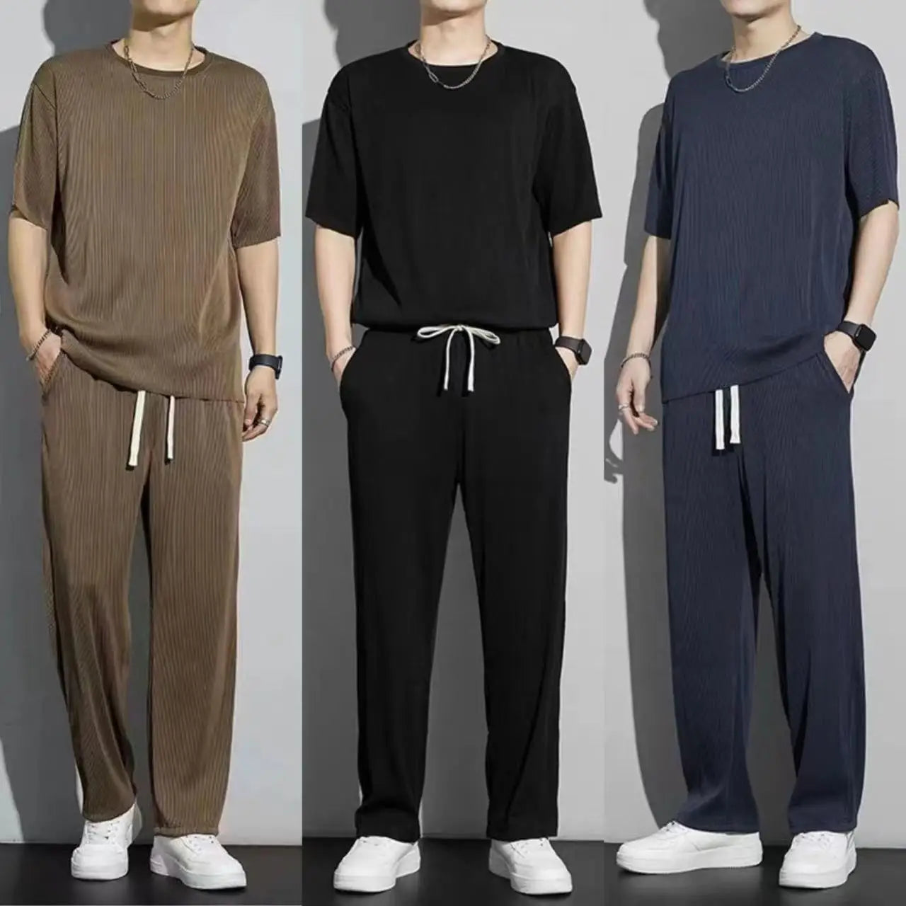 Men's Wrinkled Ice Silk Sports Set 2024 Summer New Short sleeved Long Pants Two piece Set Fashionable, Breathable, and Cool 3