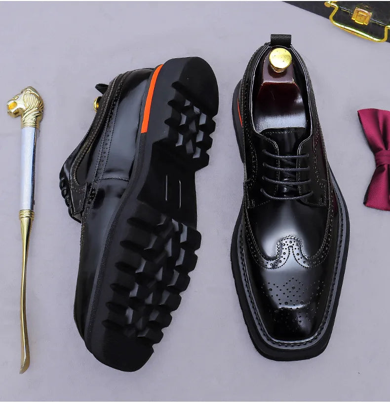 Men's Brogue Platform Oxford Shoes Genuine Leather Thick Sole Formal Dress Shoes for Men Business Casual Lace Up Luxury Oxfords